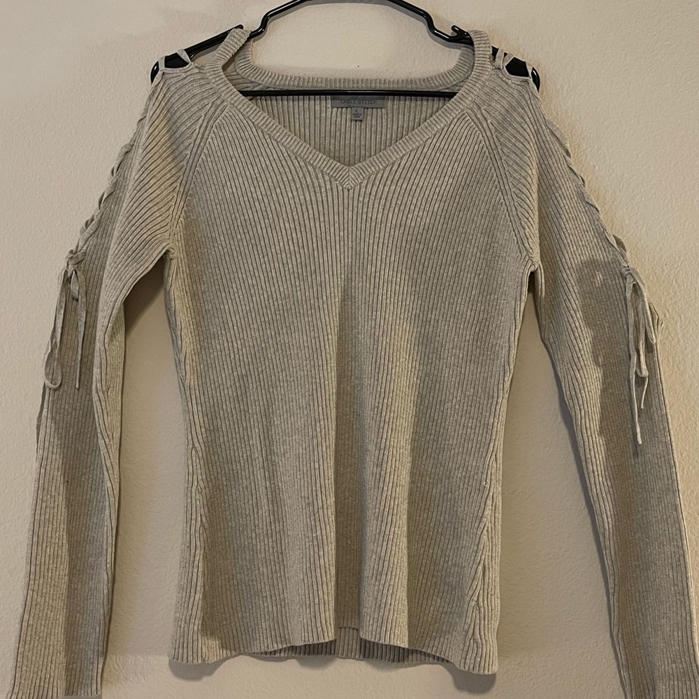 Cable Stitch Lace-Up Cold Shoulder Sweater